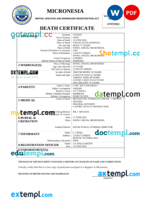 editable template, Micronesia vital record death certificate Word and PDF template