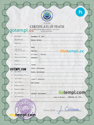 editable template, Micronesia vital record death certificate PSD template, fully editable