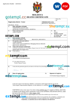 editable template, Moldova death certificate Word and PDF template, completely editable