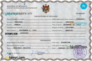 editable template, Moldova vital record death certificate PSD template, completely editable