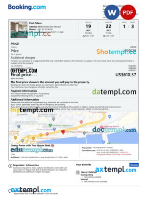 editable template, Monaco hotel booking confirmation Word and PDF template, 2 pages
