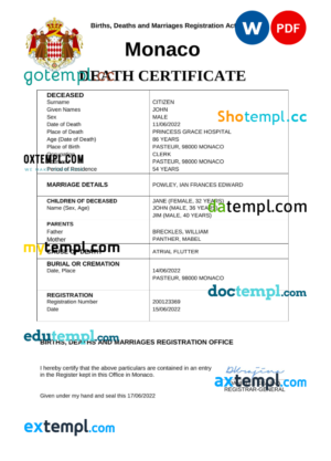 editable template, Monaco vital record death certificate Word and PDF template