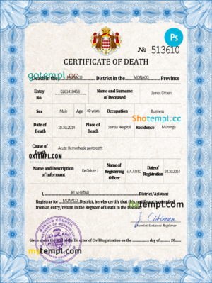 editable template, Monaco vital record death certificate PSD template