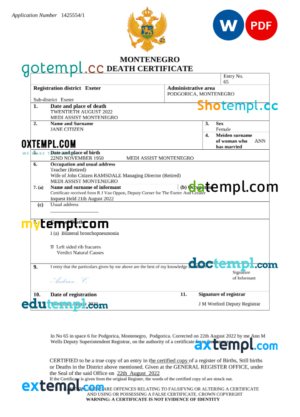 editable template, Montenegro death certificate Word and PDF template, completely editable