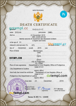 editable template, Montenegro vital record death certificate PSD template, fully editable