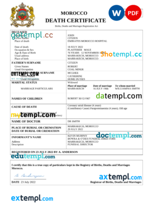 editable template, Morocco vital record death certificate Word and PDF template
