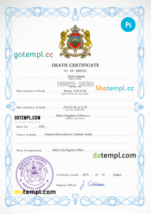 editable template, Morocco vital record death certificate PSD template, completely editable