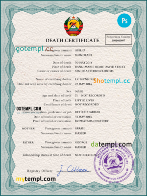 editable template, Mozambique vital record death certificate PSD template