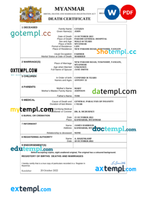 editable template, Myanmar death certificate Word and PDF template, completely editable