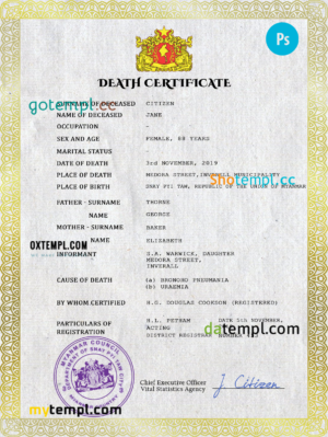 editable template, Myanmar death certificate PSD template, completely editable