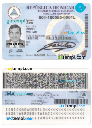 plantilla editable, Nicaragua tarjeta de identidad plantilla PSD, con fuentes