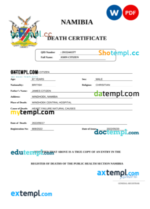 editable template, Namibia vital record death certificate Word and PDF template