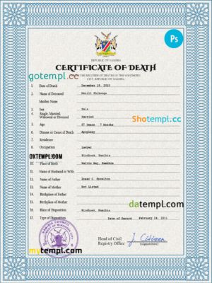 editable template, Namibia vital record death certificate PSD template