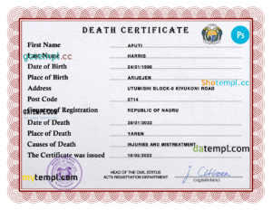 editable template, Nauru vital record death certificate PSD template, fully editable
