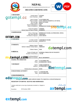 editable template, Nepal vital record death certificate Word and PDF template