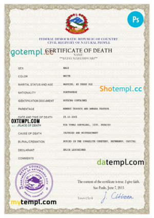 editable template, Nepal vital record death certificate PSD template, completely editable