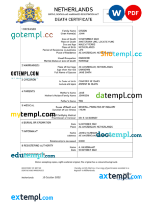 editable template, Netherlands vital record death certificate Word and PDF template