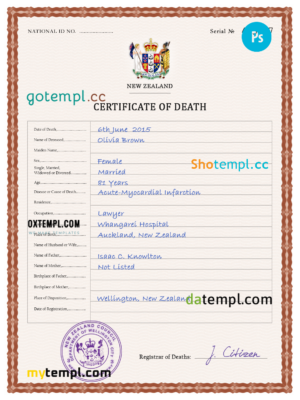 editable template, New Zealand vital record death certificate PSD template