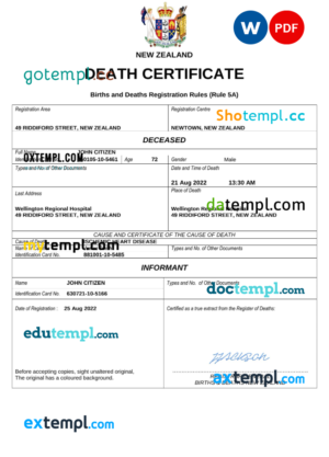 editable template, New Zealand death certificate Word and PDF template, completely editable