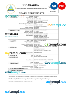 editable template, Nicaragua vital record death certificate Word and PDF template
