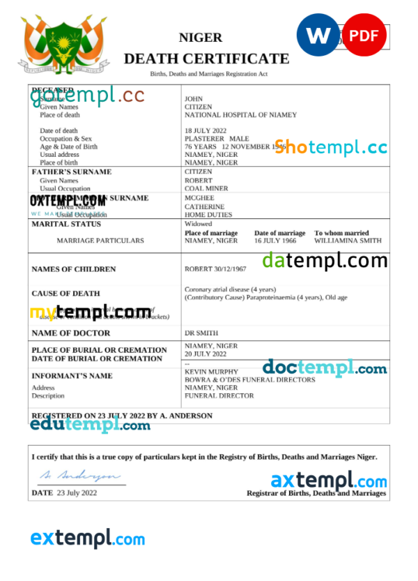 editable template, Niger death certificate Word and PDF template, completely editable