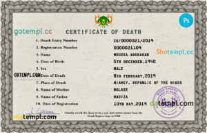 editable template, Niger death certificate PSD template, completely editable