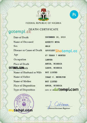 editable template, Nigeria vital record death certificate PSD template, fully editable