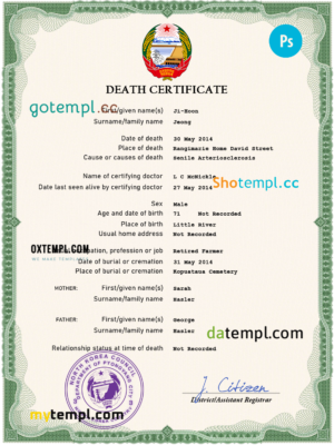 editable template, North Korea death certificate PSD template, completely editable