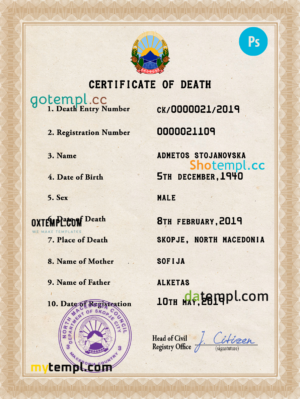 editable template, North Macedonia vital record death certificate PSD template
