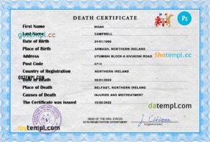 editable template, Northern Ireland death certificate PSD template, completely editable