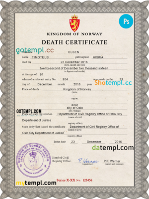 editable template, Norway vital record death certificate PSD template, completely editable