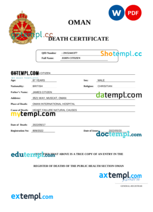 editable template, Oman vital record death certificate Word and PDF template