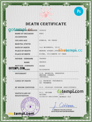 editable template, Oman vital record death certificate PSD template, fully editable