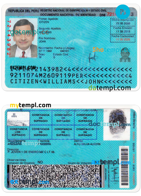 editable template, Peru identity card PSD template, with fonts, version 2