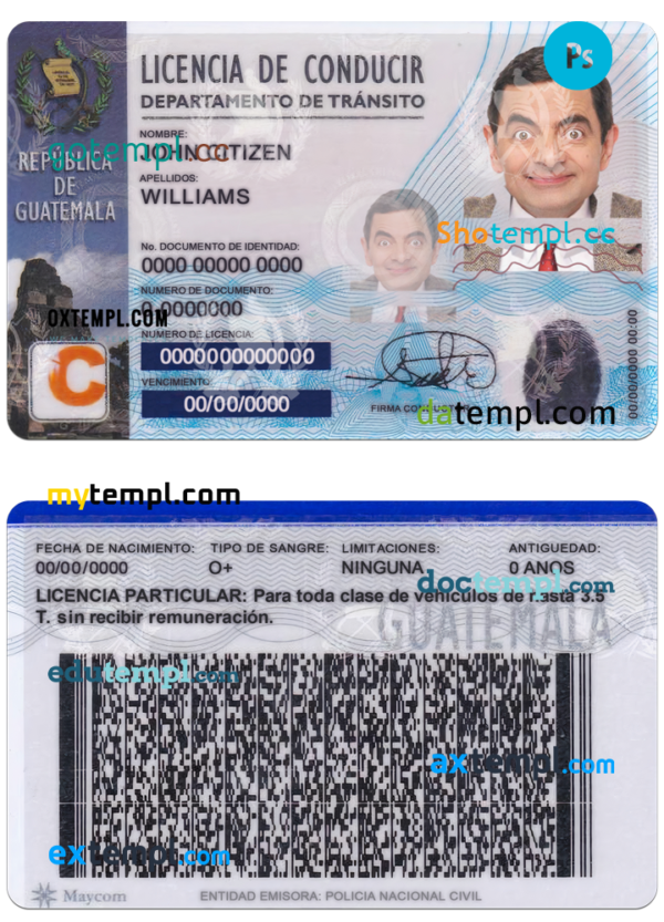 editable template, Guatemala driving license PSD template, with fonts