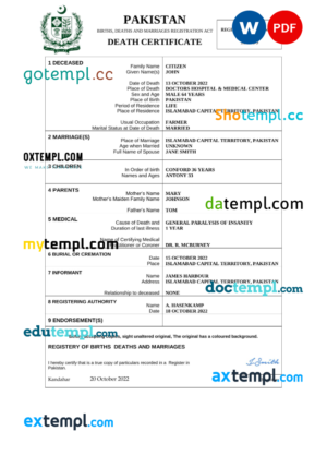 editable template, Pakistan death certificate Word and PDF template, completely editable