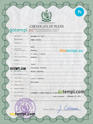 editable template, Pakistan vital record death certificate PSD template