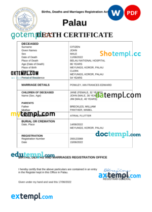 editable template, Palau vital record death certificate Word and PDF template