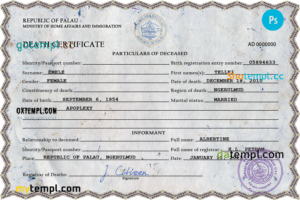editable template, Palau death certificate PSD template, completely editable