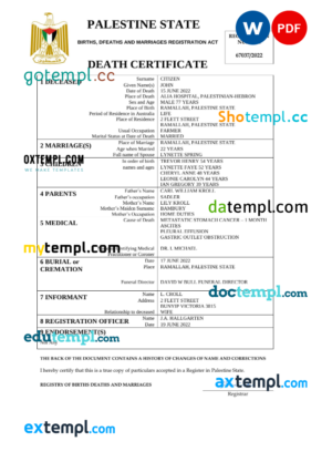 editable template, Palestine vital record death certificate Word and PDF template