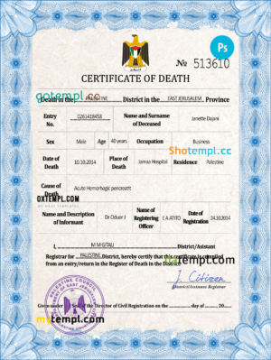 editable template, Palestine vital record death certificate PSD template, completely editable