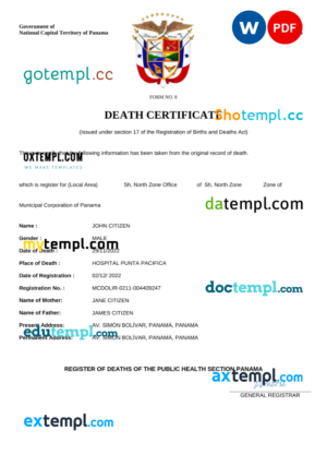 editable template, Panama death certificate Word and PDF template, completely editable