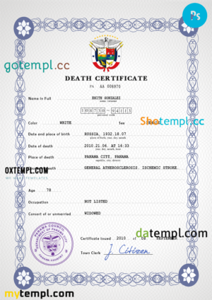 editable template, Panama vital record death certificate PSD template, fully editable