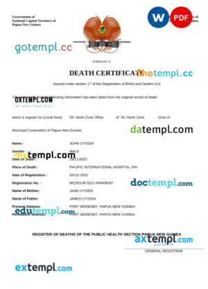 editable template, Papua New Guinea vital record death certificate Word and PDF template