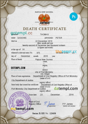 editable template, Papua New Guinea death certificate PSD template, completely editable