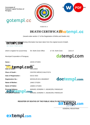 editable template, Paraguay death certificate Word and PDF template, completely editable
