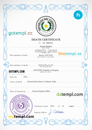 editable template, Paraguay vital record death certificate PSD template