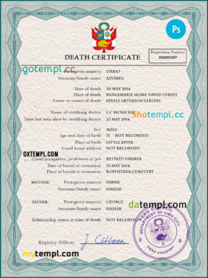 editable template, Peru death certificate PSD template, completely editable