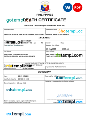 editable template, Philippines vital record death certificate Word and PDF template