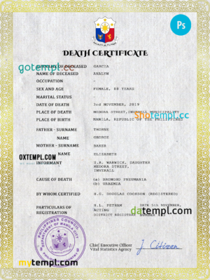 editable template, Philippines vital record death certificate PSD template, completely editable